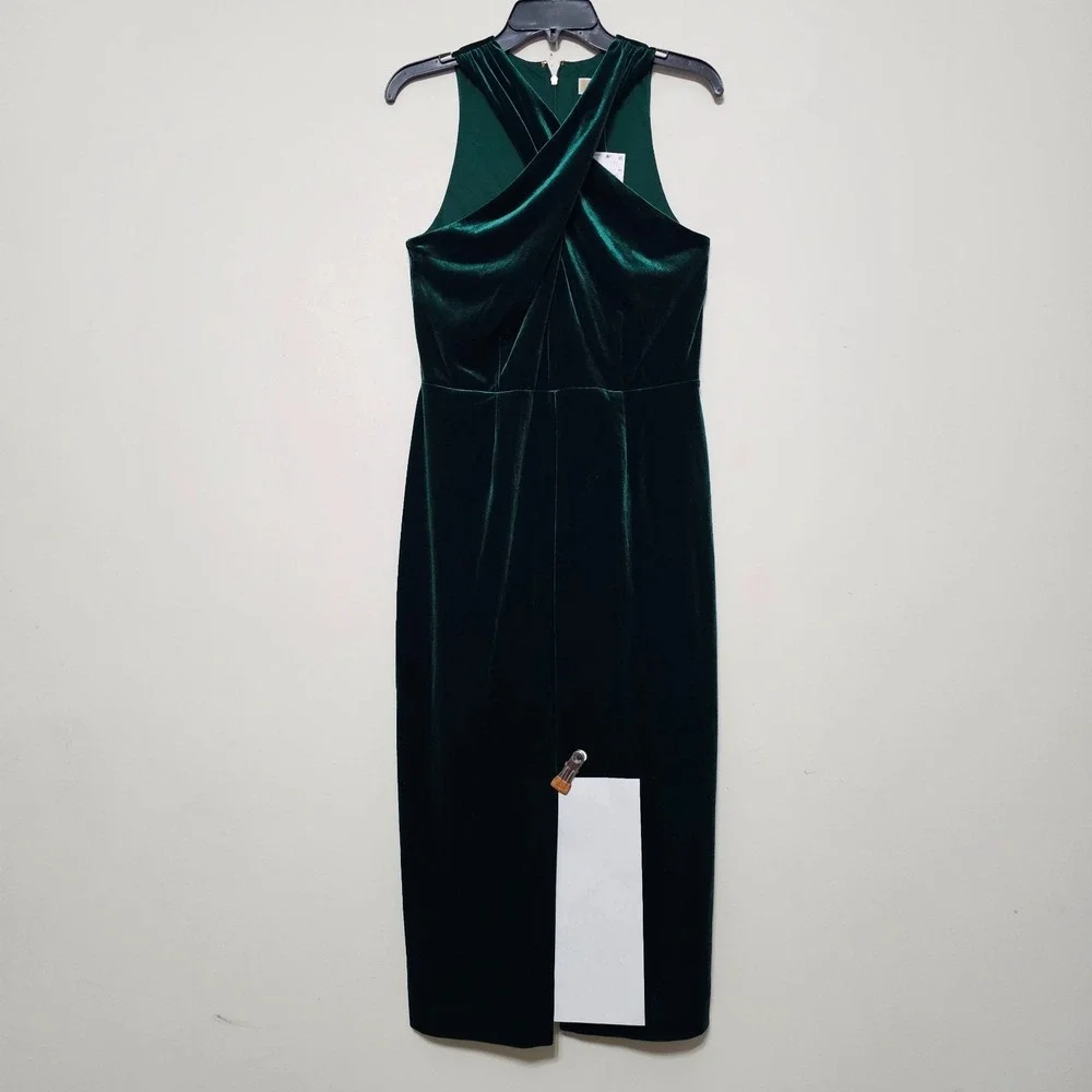 Michael Kors Dress Medium Green Midi Sleeveless Sheath Halter Front‎ Slit 1067